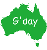 Green and black Australia-shaped icons with 'G'day' text, arranged in a with varying shapes and color schemes