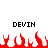 Static pixel art displays two identical black text labels 'DEVIN' above a of red flame-like shapes on white background