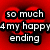 Red background with two red broken hearts and pixelated text reading "so much 4my happy ending" in black-outlined white letters.