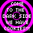 Four identical pixelated icons arranged in a , each featuring concentric pink circles and white text reading "COME TO THE DARK SIDE WE HAVE COOKIES!!!" on black background