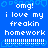 Blue background with pixelated white text reading "omg! i love my freakin homework" and multiple exclamation marks, repeated in a pattern with a gray rectangle on the right