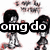 Animated sequence of two anime-style figures with black hair, one holding a red object, against a white background with repeated text.