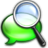 Green speech bubble with a magnifying glass overlay showing blue and white gradient lens on gray background.