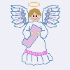 Pixelated angel with blonde hair, orange halo, blue wings, white dress, pink sash, and pink belt holding a pink envelope or sign.