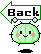 Pixel art of a green cactus-like character with pink cheeks and a smile, holding a white arrow-shaped sign reading 'Back' against a gray background.