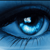 A close-up of a blue eye with a pixelated reflection of a small white and gray object in the pupil.