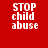 Four square display 'STOP child abuse' text in white pixelated font on red, purple, blue, and purple backgrounds