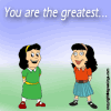 Animated scene with two cartoon girls; one offers white flowers with green leaves while text reads 'You are the greatest...' and 'Happy Fathers' Day' against a blue sky and green field.