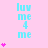 A pink background displays repeated cyan text 'luv me 4 me' with varying numbers of small pink hearts below each instance.
