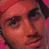16 pixelated images showing a person in various poses, clothing styles, and color treatments including red, black-and-white, green, yellow, and blue tones