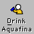 Pixelated icon shows a yellow figure holding a blue bottle, with text 'Drink Aquafina' below; one variant includes palm trees and 'Aquafina Paradise .com' text.