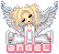 Pixelated angel with blonde hair and gray wings stands above pink block letters spelling 'angel' on a light gray background.