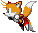 Pixelated fox character with orange fur, white muzzle and tail tip, red shoes, black gloves, and a yellow belt buckle in four distinct poses against gray background.