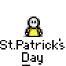 Animated contact sheet of a St. Patrick's Day-themed buddy icon showing sequential frames with a yellow stick figure character holding green objects and interacting with small pots, all set against a gray background.