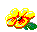 Pixelated yellow flower with red accents and green leaves in a , each frame showing slight variations in petal shape and leaf position