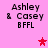 Pink background with black text reading "Ashley & Casey BFFL" and four star icons in red and pink hues.