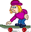 Pixelated character with blonde hair and purple hat rides green skateboard, alternating between two facial expressions while standing on blue pants.