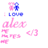 Pixelated icon with pink and blue elements including two figures, text reading 'love', a heart symbol, and abstract shapes on white background.