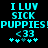 Pixelated cyan text and symbols on black background with two identical side-by-side layouts showing 'I LUV SICK PUPPIES!PUPPIES!' followed by '<33' and five star-like shapes.