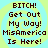 Four identical display pixelated text on a light blue and yellow spiral background with no visible animation changes