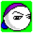 Pixelated cartoon character with purple hair and blue shoulder accents on green background, showing two animation frames of eye expression change.