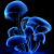 Pixelated blue mushroom-like shapes with curved stems and rounded caps on a black background, rendered in varying shades of cyan and dark blue.