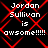 Pixelated text reads "Jordan Sullivan is awsome!!!!!" over a black background with red diamond-shaped lines