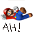 Pixelated character in red cap and blue overalls lies horizontally with arms outstretched, mouth open in 'Ah!' text below.