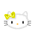 Four pixelated white cat faces with yellow bows, orange noses, and black whiskers arranged in a on gray background