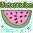 Pixelated watermelon slice icon with pink flesh, black seeds, green rind, and light blue background featuring small plus signs.