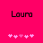 Pixelated text 'Laura' on bright pink background with two of five white and light pink heart symbols below