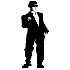 Black-and-white pixelated silhouette of a man in a suit and hat performing various dance poses