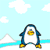 Animated penguin with blue body, white belly, yellow feet, and pink cheeks performs a kicking motion against a light blue sky background with white clouds and snow-capped mountains.