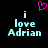 Pixelated text reads "i love Adrian" in light blue with a pink heart symbol above, displayed on a black background.