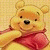 A static contact sheet of a Winnie the Pooh-themed animated icon with six frames showing repeated text and heart symbols on a yellow background, featuring one frame with an image of Pooh bear in the top-left corner.