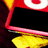 A red and yellow cartoon character with a white circular target on its forehead, black eyes, pink mouth, and yellow body parts.