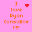 Pixelated orange text on pink background reads "I love Ryan Considine !!!!" with red heart and starburst symbols in different positions.