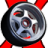 Pixelated circular icon with metallic silver face, red accents, and four red triangular shapes at cardinal points against gray background.