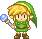 Pixel art character with green tunic, brown boots, and pointed ears holding a blue-topped staff against gray background.