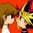 Pixelated anime-style character with brown and blonde hair in various poses against red, pink, green, blue, orange backgrounds.