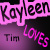 Pixelated graphic with pink and purple text on a dark background, featuring 'Koyleen' in large letters at top left, 'Tim' below it, and 'Loves' to the right.