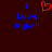 Pixelated text and heart symbol on dark background with blue and red elements.