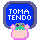 Pixel art avatar with pink rounded body and green hair, displaying text changes from 'TOMA TENDO' to 'START!' then 'GAME OVER', with animated space background elements.