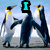 Animated sequence of penguins walking with text overlays changing from 'I' to 'love' to 'penguins' in cyan font.