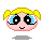 Pixelated cartoon face with yellow pigtails, blue eyes, and pink skin in four variations showing eye shape changes.