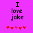 Pixelated text "I love joke" on bright pink background with red and light pink heart symbols below.