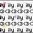 Pixelated grid of repeated 'ily' text with black blocky letters, interspersed with black '3<' symbols, and scattered colored pixel clusters in pink, purple, yellow, and green.