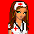Pixel art nurse character with red cross headband and uniform holding clipboard, standing against solid red background with text overlays.