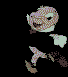 Pixelated cartoon character with pinkish-purple skin and white eyes, shown in multiple poses against black background.