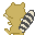 Four pixelated views of a tan animal with black-and-white striped tail against gray background, showing different poses.